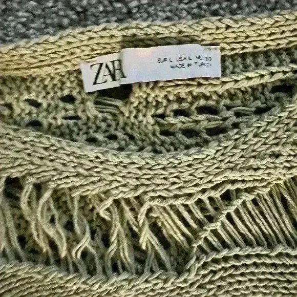 Zara Green Crochet Sweater Boho Size L Crew Neck Preppy Long Sleeve Comfy - Picture 5 of 5